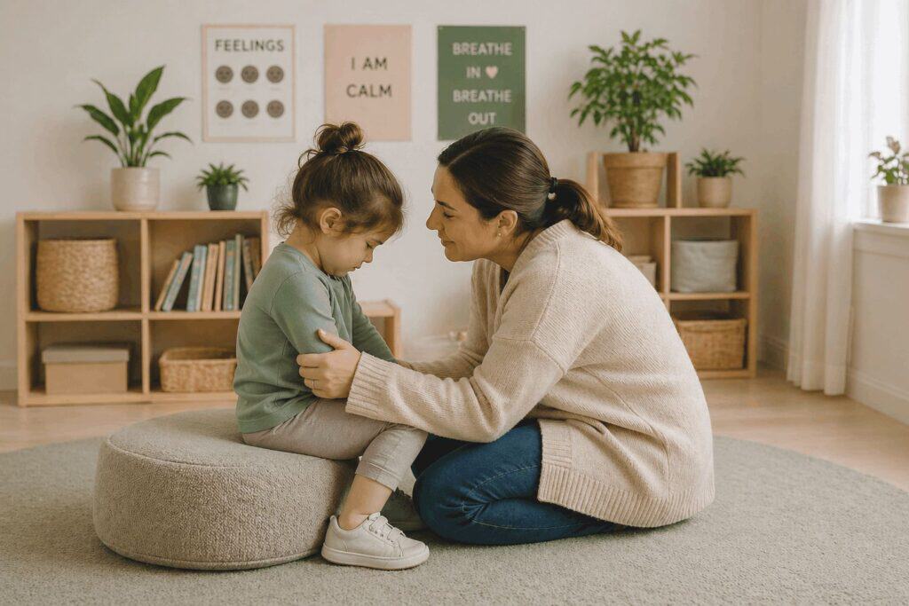 Teacher kneeling at eye level with a child